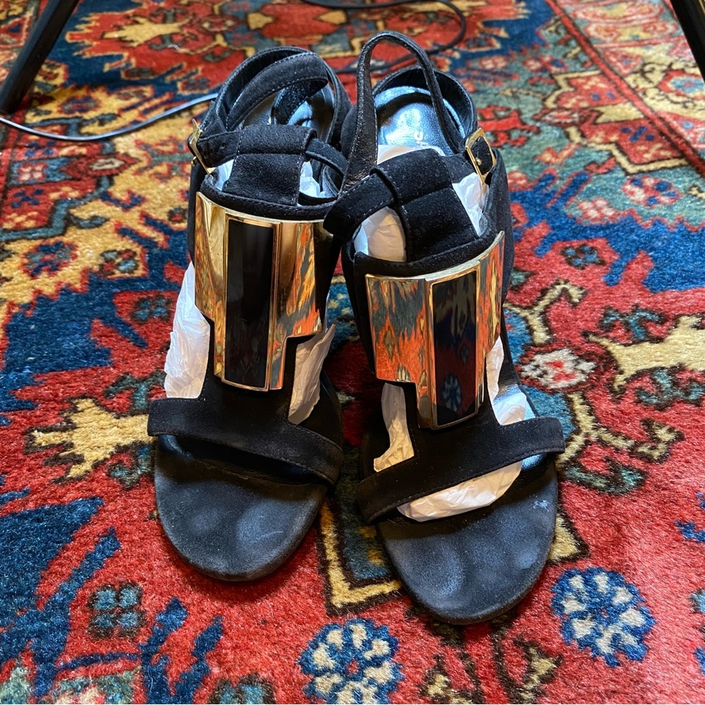 Vintage Saint Laurent Black Suede Heels with Gold Accent